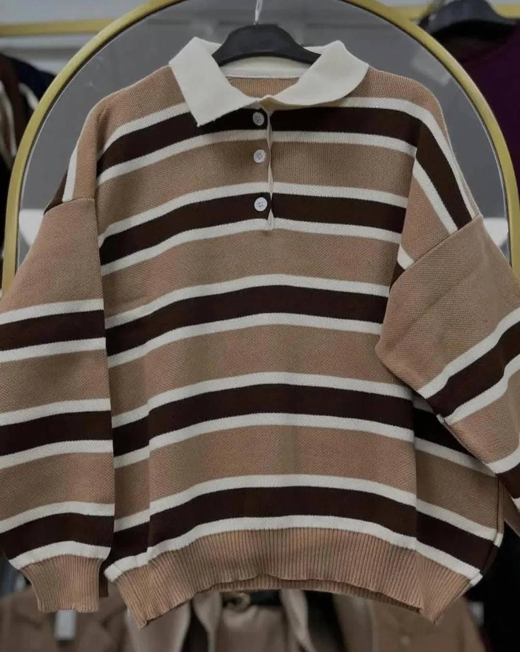 Bej Çizgili Balon Kol Kazak - Standart