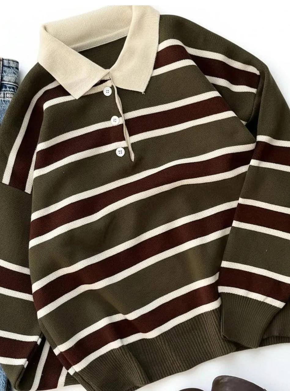 Haki Çizgili Balon Kol Kazak - Standart