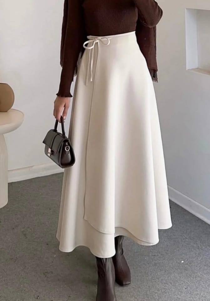 Belden Bağlamalı Scuba Etek- Krem