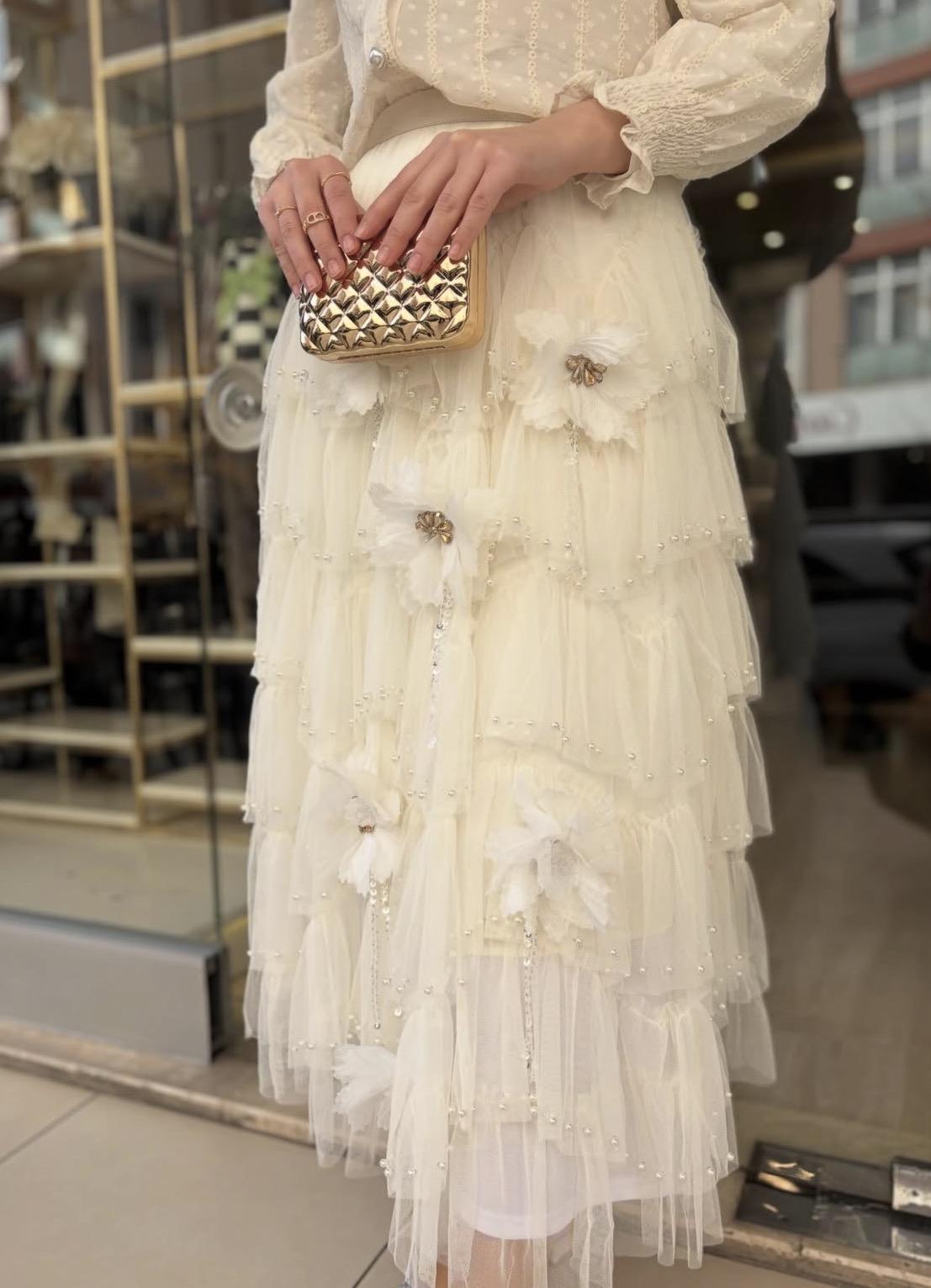 Çiçekli Taşlı Tütü Etek - Ekru