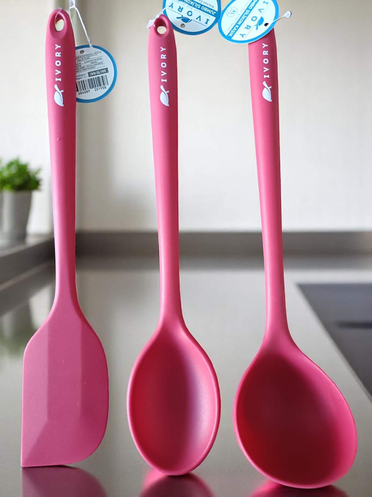 Ivory Silikon 3'lü Takım Büyük Boy Fuşya Renk Kepçe Spatula ve Kaşık 35 cm
