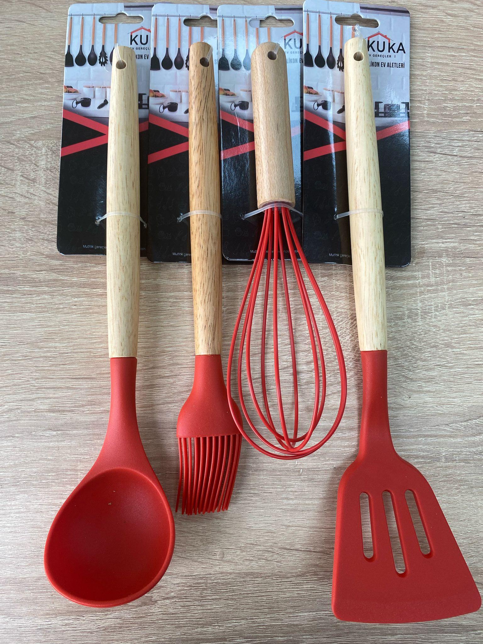 Kuka 4'lü Silikon Set Bambu Saplı Spatula Çırpıcı Fırça ve Kepçe Kırmızı Renk