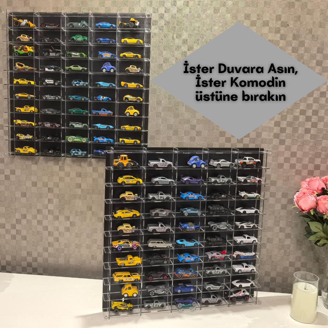 Pleksi Kapaklı 1:64 Metal Arabalarla Uyumlu,Akrilik Oyuncak 100 araçlık Pleksi Araba Vitrini, Rafı Beyaz-Şeffaf