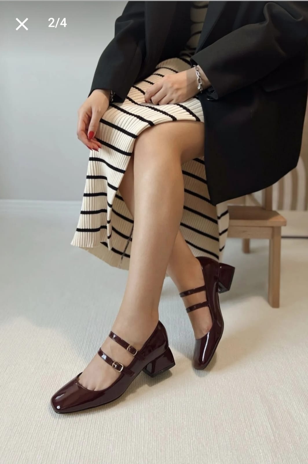 Kadın Mary Jane Rugan Bordo Arkası Kapalı Çift Bant Kare Burunlu Baretli Kısa Blok Topuklu Ayakkabı