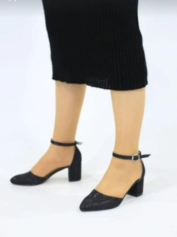 Kadın Ayakkabı Simli Cupra Kısa Topuklu Klasik Ayakkabı Günlük 5 CM Siyah Simli