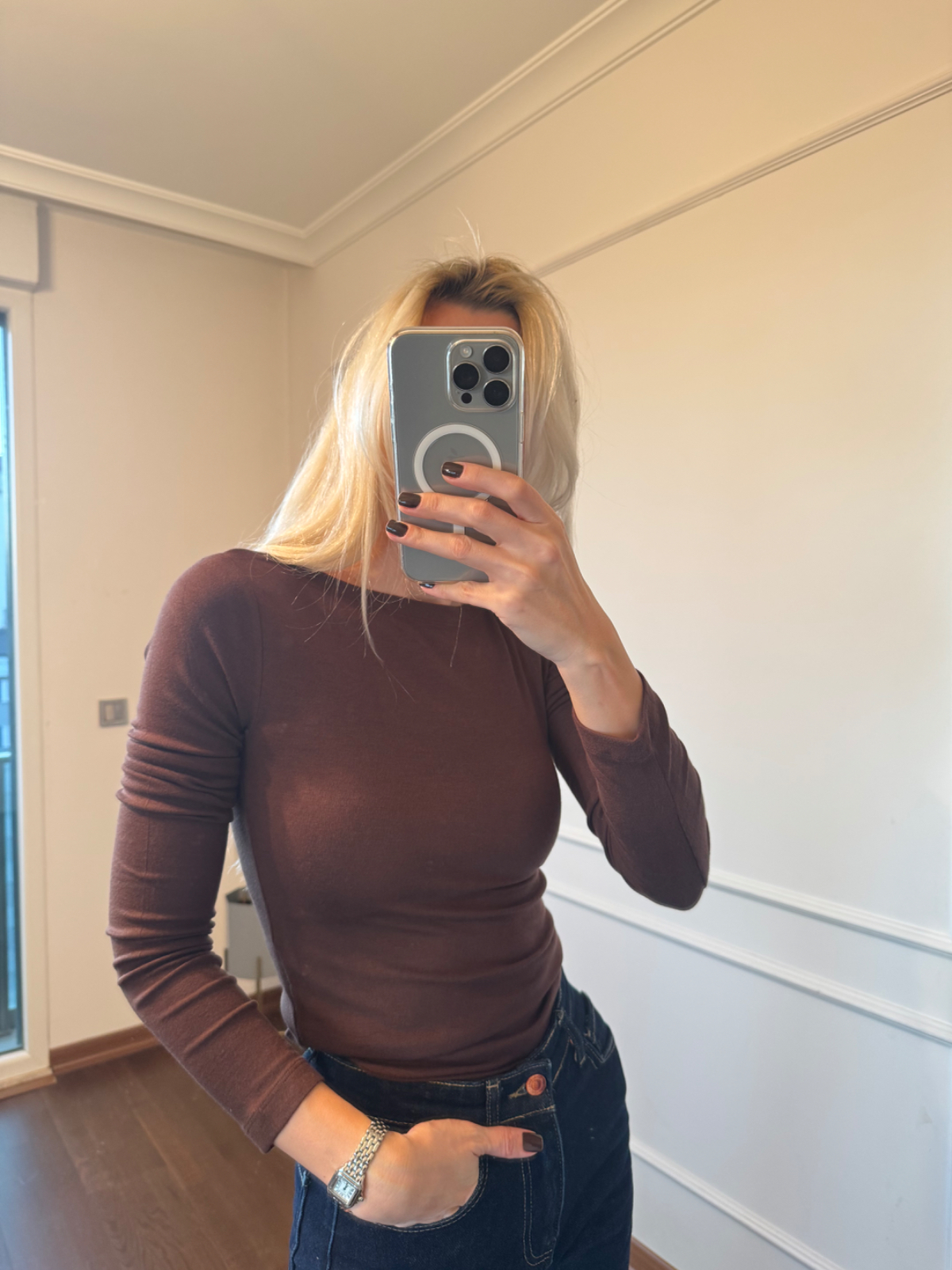 Uzun Kollu Kahverengi Koton Body