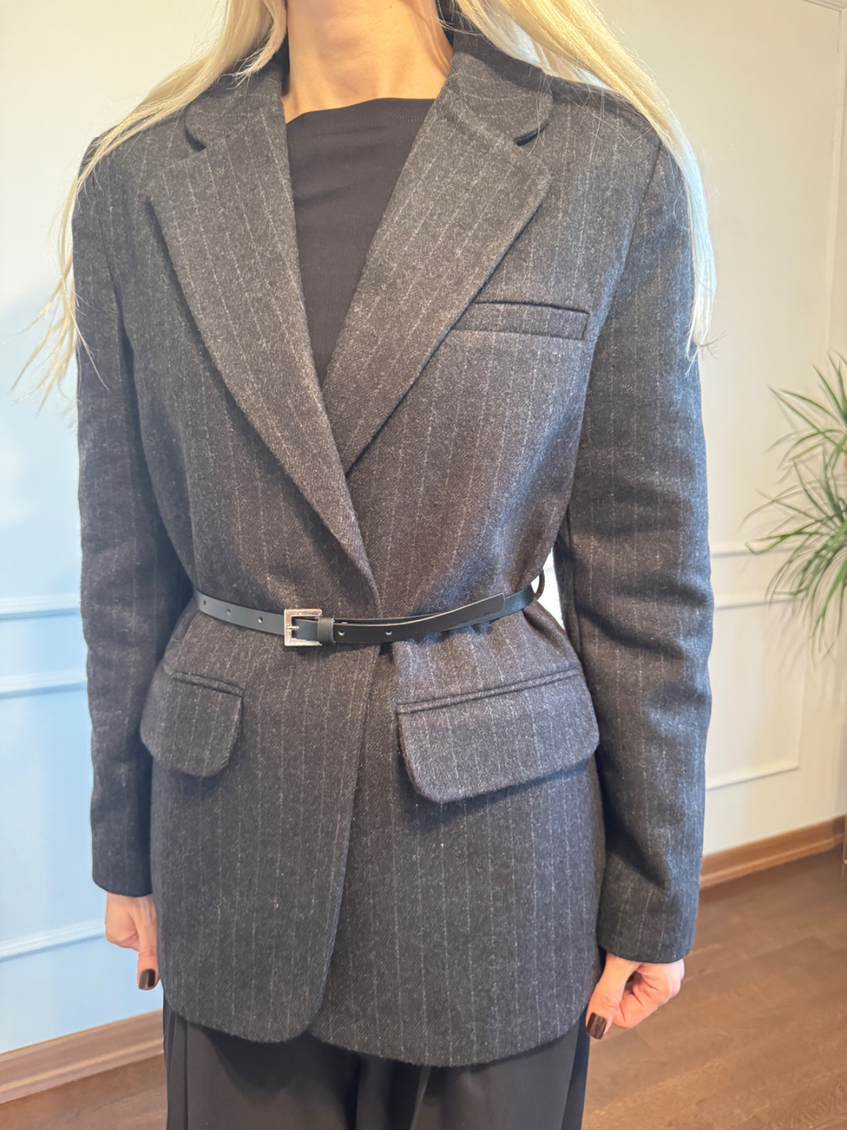 Kemerli Çizgili Antrasit Kaşe Ceket