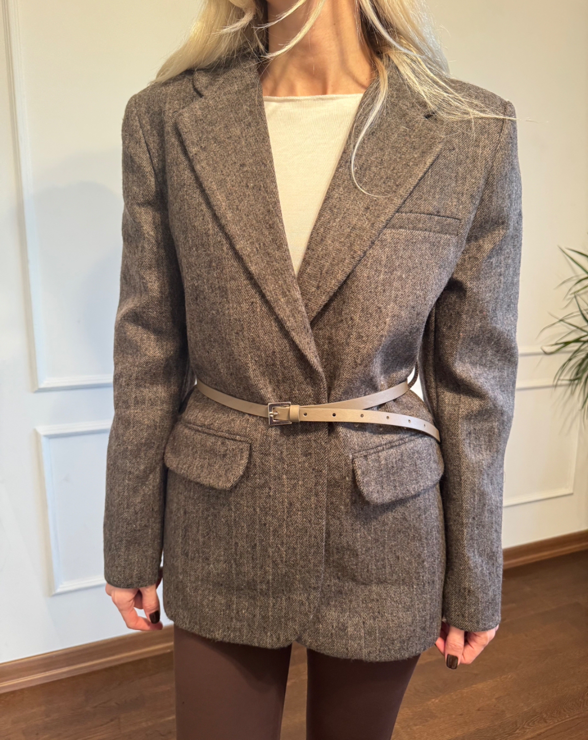 Kemerli Çizgili Vizon Kaşe Ceket