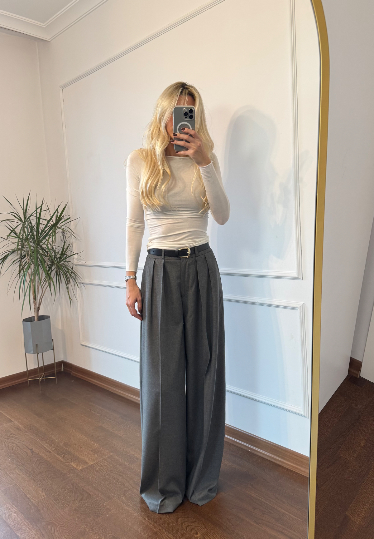 Pileli Kemerli Antrasit Palazzo Pantolon