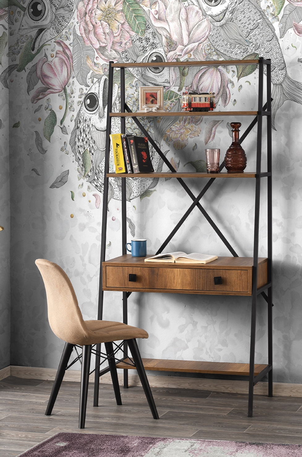 Metal Kitaplıklı Çalışma Masası – Şık ve Fonksiyonel Tasarım