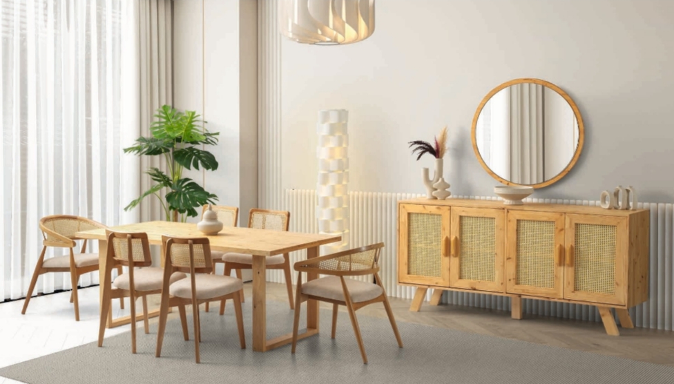 Natural Ahşap Hasırlı Yemek Odası Takımı – Şıklık ve Doğallığın Buluştuğu Takım ✨