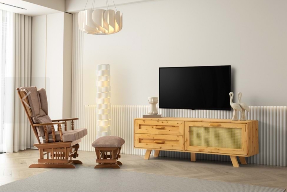 🌿 Doğal Ağaç Hasırlı TV Ünitesi – Sade, Şık ve Doğal Tasarım 🌿