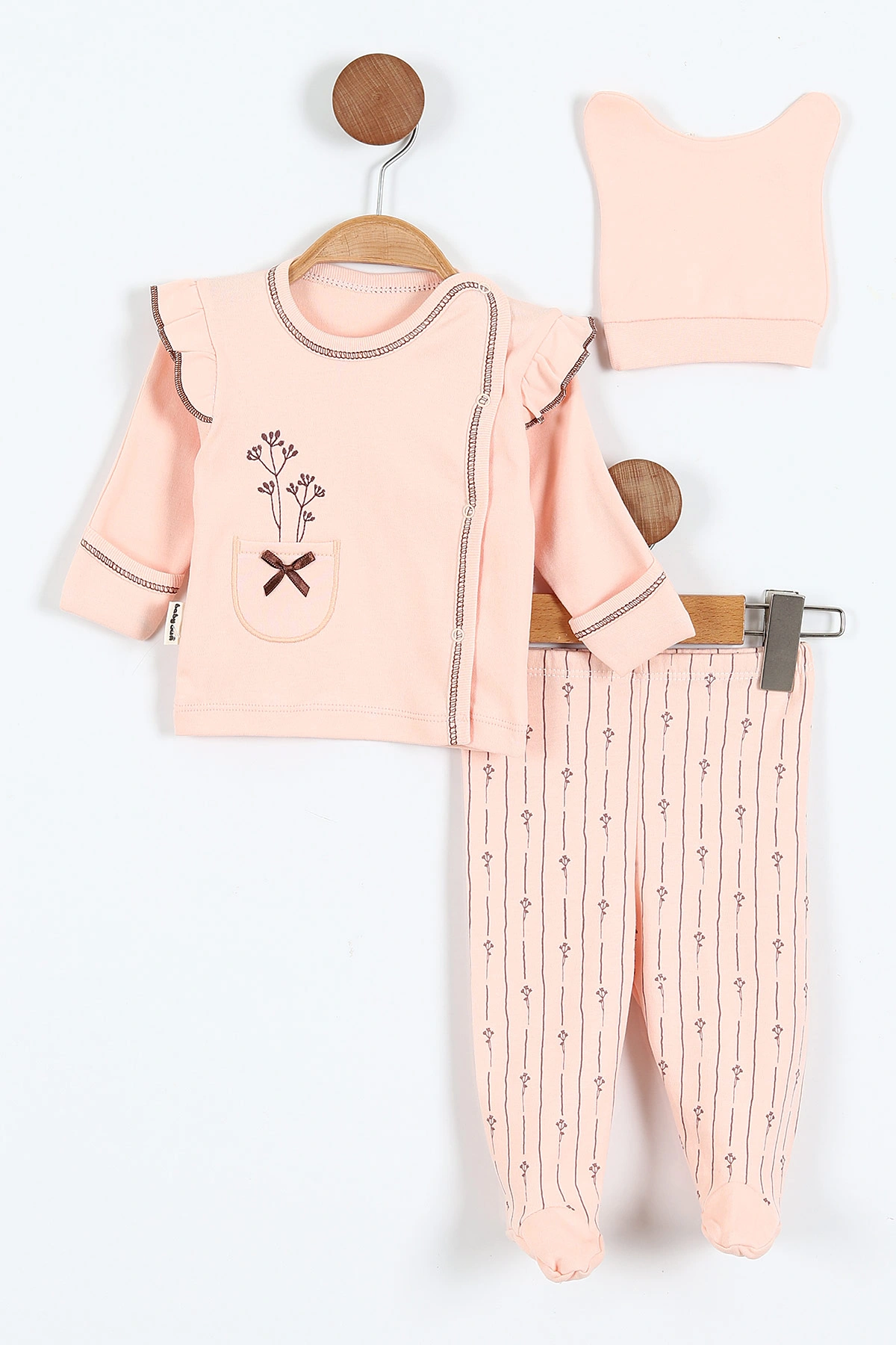 Somon (0-3 Ay)Çiçek Nakışlı Cep Detaylı Kız Bebek 3'lü Zıbın Takım