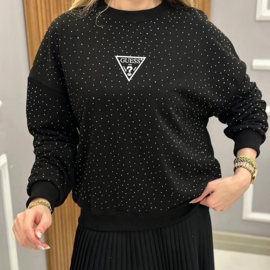 Gu Serpme Komple Taşlı Sweatshirt Siyah