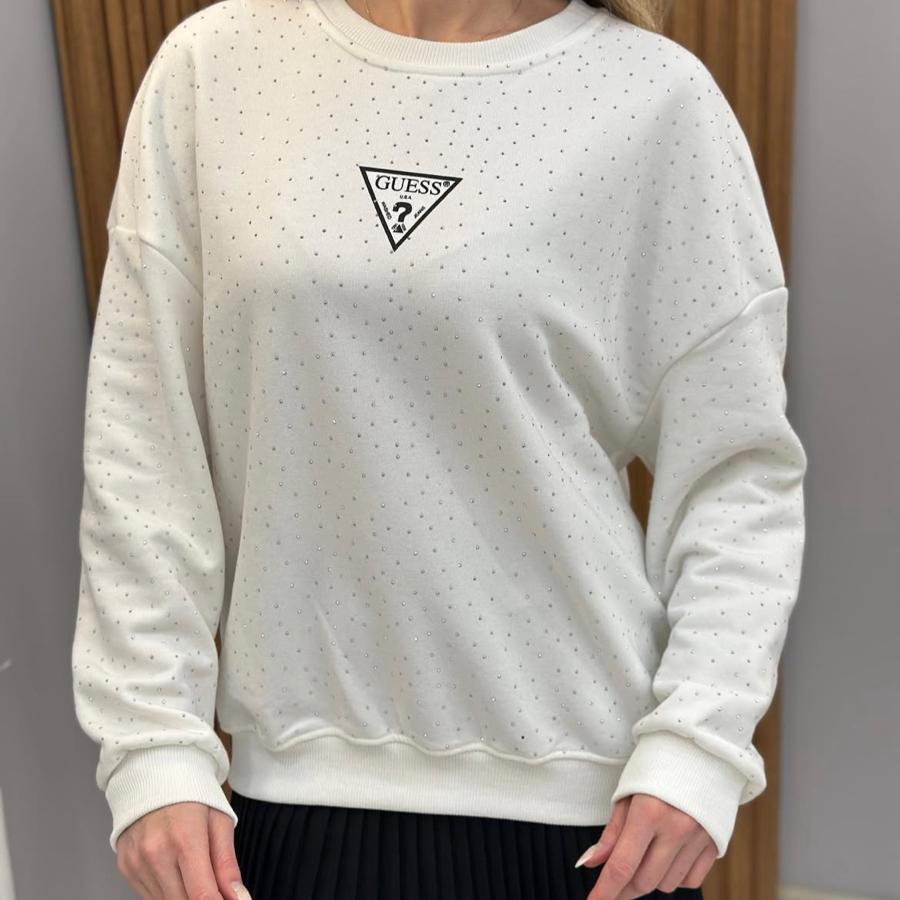 Gu Serpme Komple Taşlı Sweatshirt Beyaz