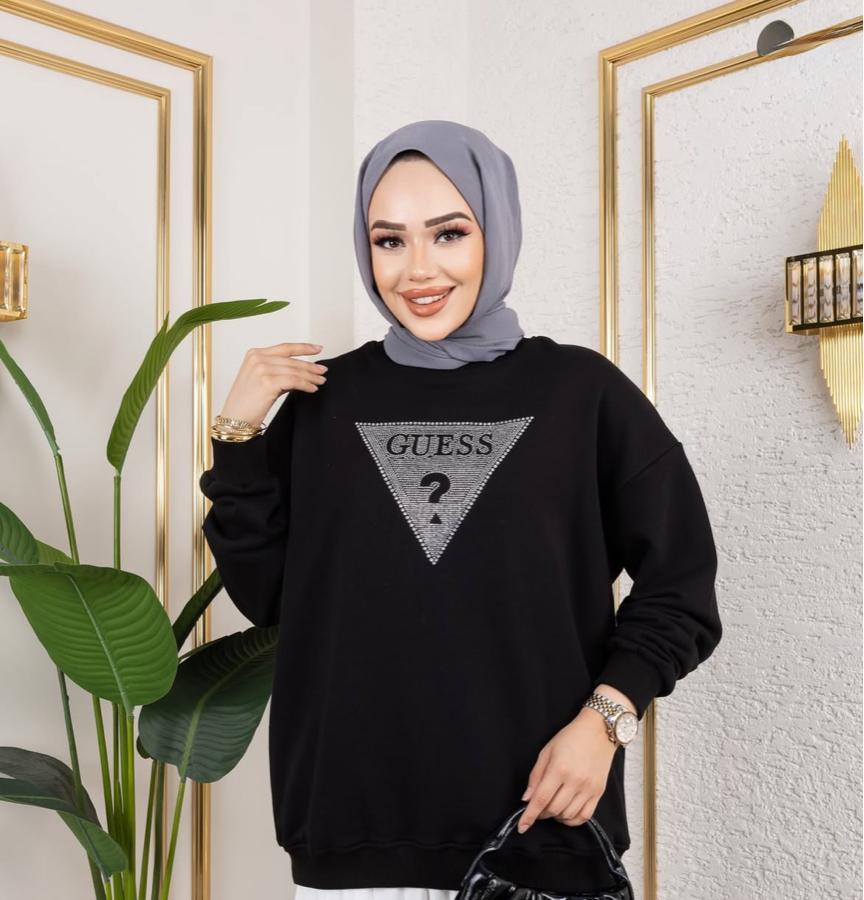 Gu Yazı Taşlı Siyah 65 cm Sweat