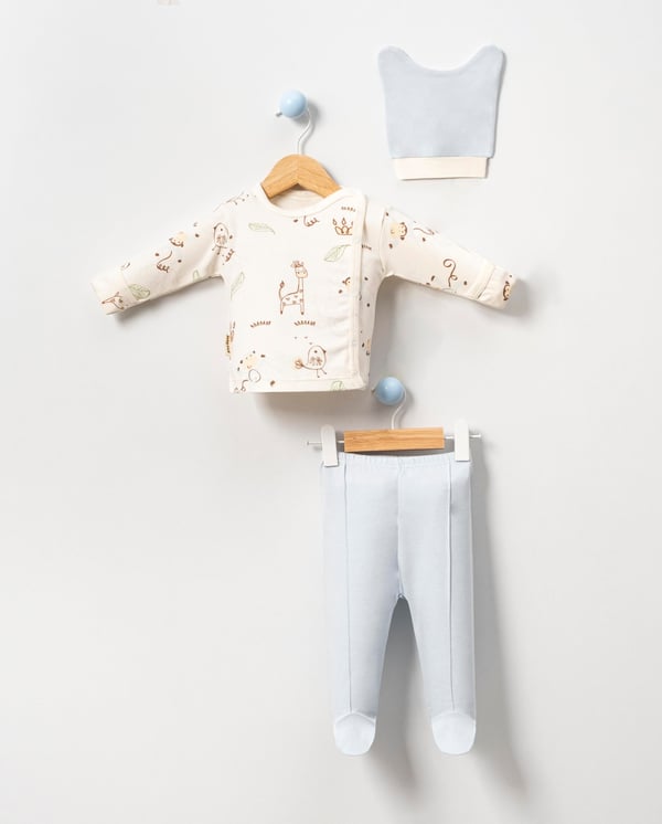 Maymuncuk Baskılı Erkek Bebek Üçlü Zıbın Seti