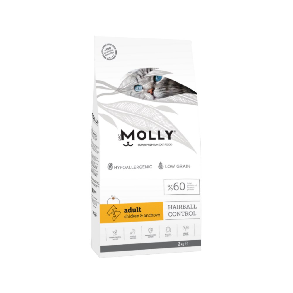 Molly Düşük Tahıllı Hypoallergenic Hairball Tavuklu & Hamsili Yetişkin Kedi Maması 2 Kg