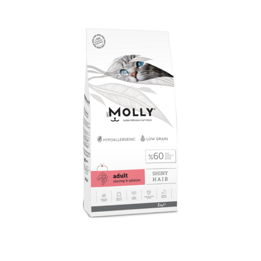 Molly Düşük Tahıllı Hypoallergenic Shiny Hair Karidesli & Somonlu Yetişkin Kedi Maması 2 Kg