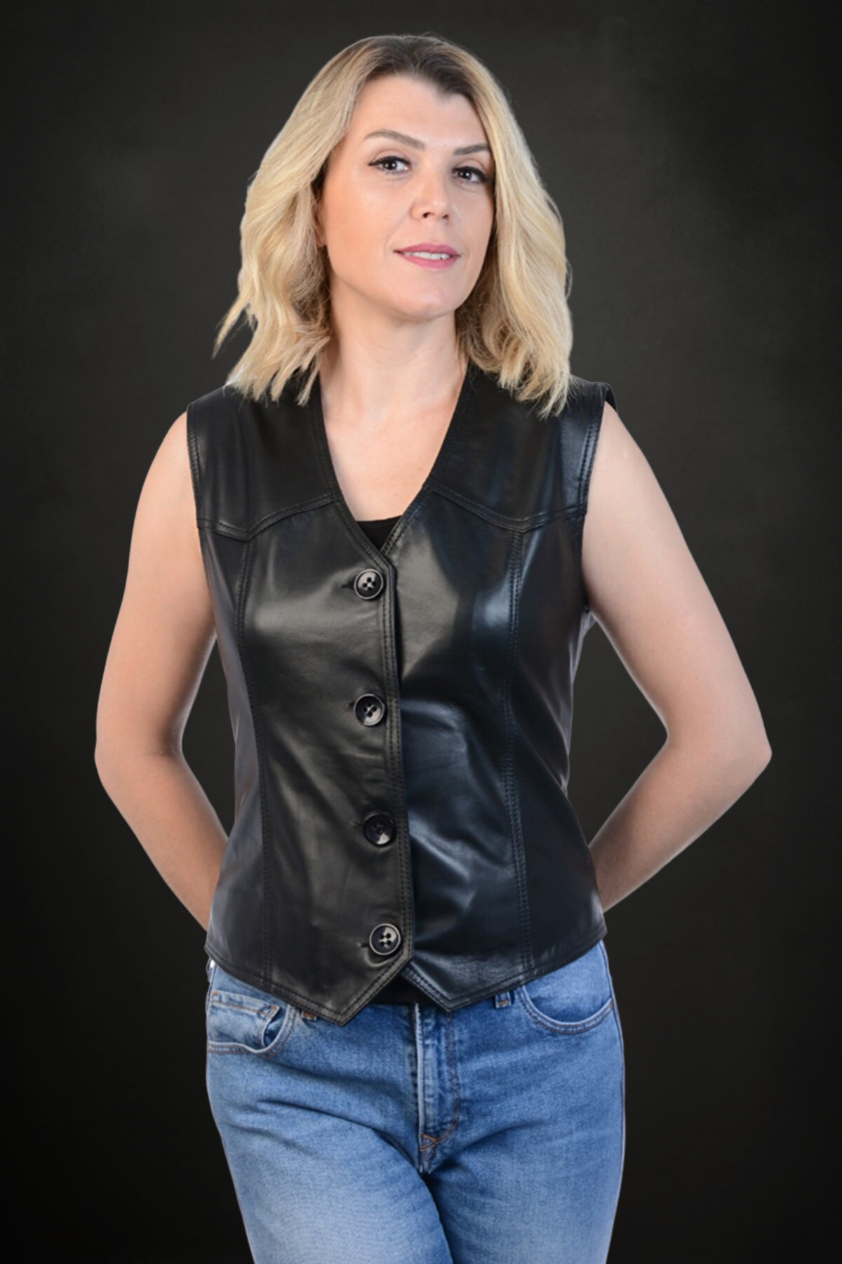 Darla Hakiki Deri Kadın Siyah Yelek