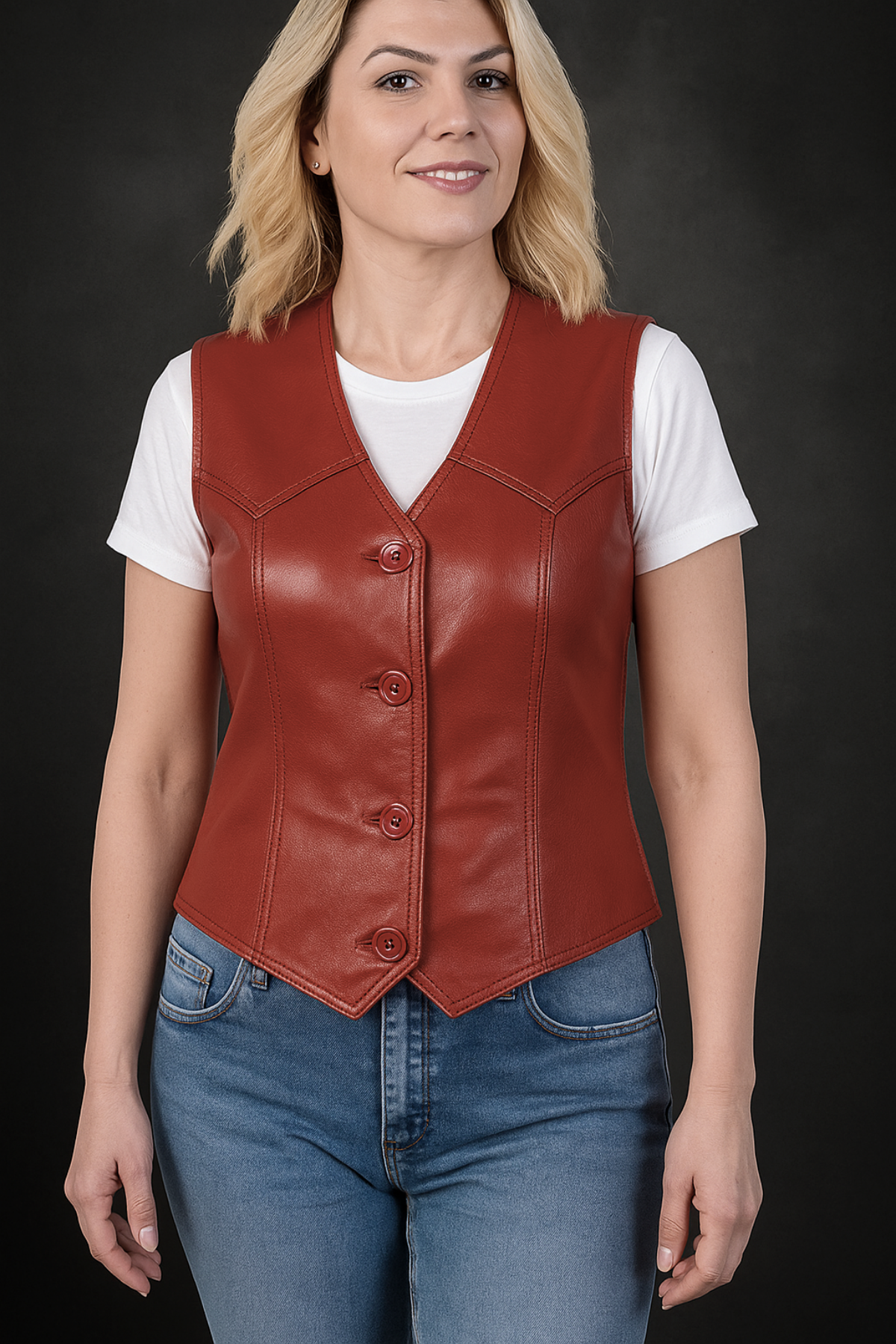 Darla Hakiki Deri Kadın Kırmızı Yelek