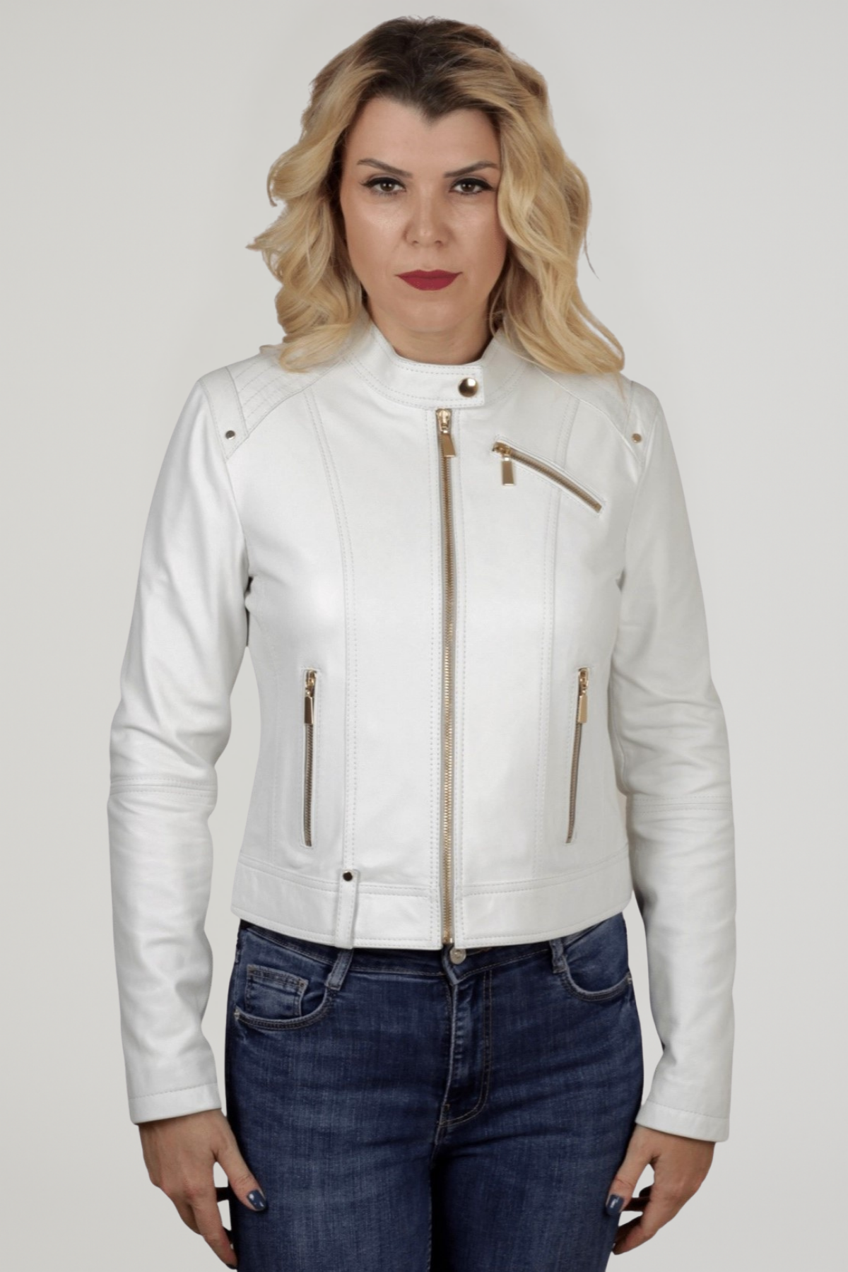 Maya Hakiki Deri Kadın Beyaz Ceket