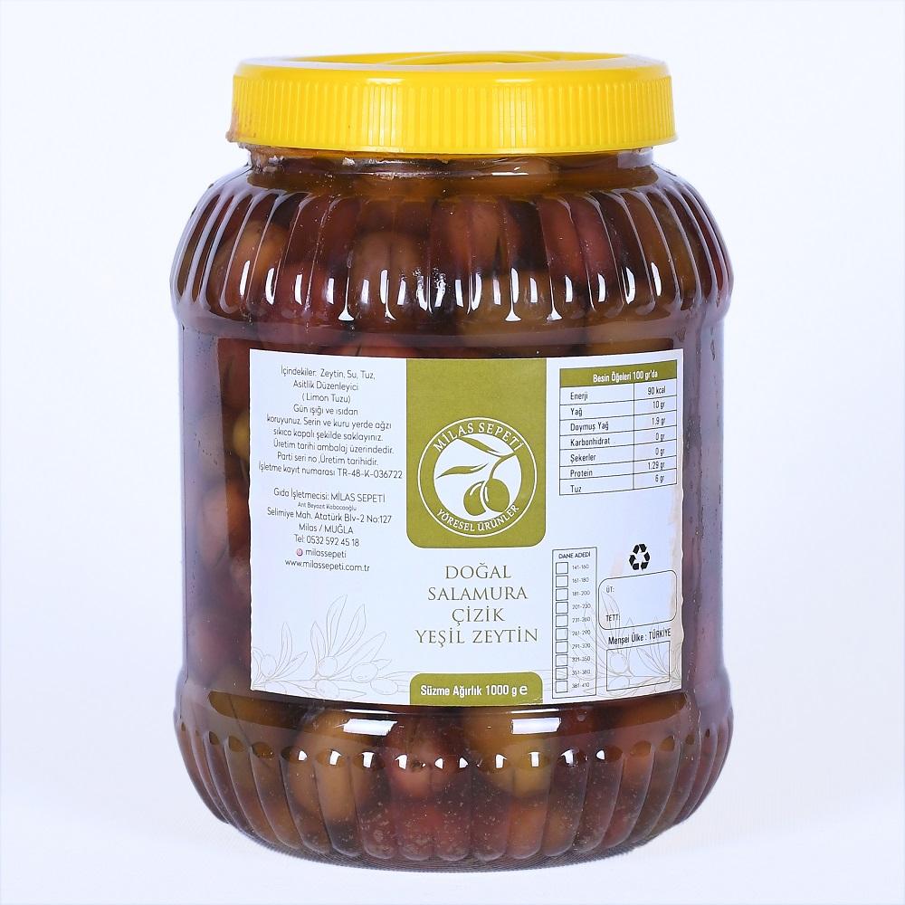 MİLAS YÖRESİ DOĞAL SALAMURA ÇİZİK YEŞİL ZEYTİN 1KG