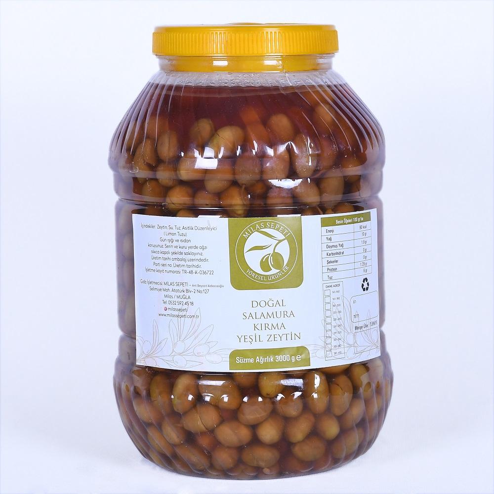 MİLAS YÖRESİ DOĞAL SALAMURA KIRMA YEŞİL ZEYTİN 3 KG