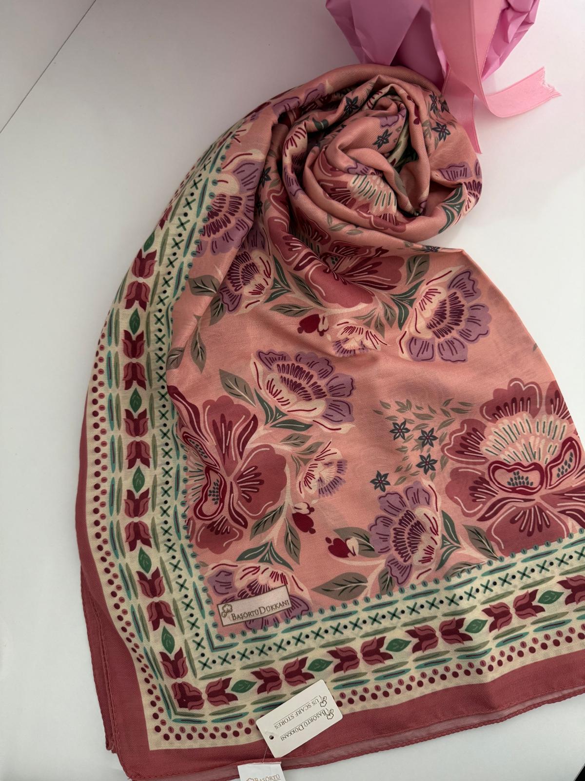BAŞÖRTÜ DÜKKANI VİNTAGE DESEN ŞAL PEMBE