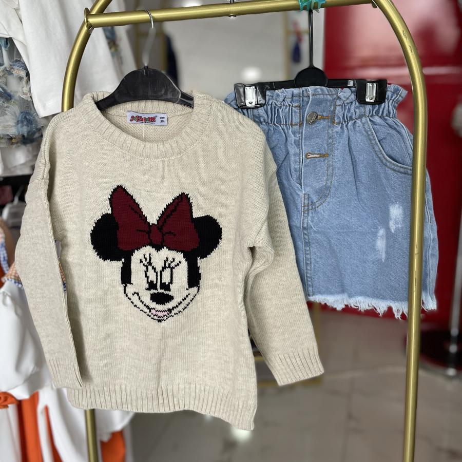 Minnie baskılı kot etekli takım