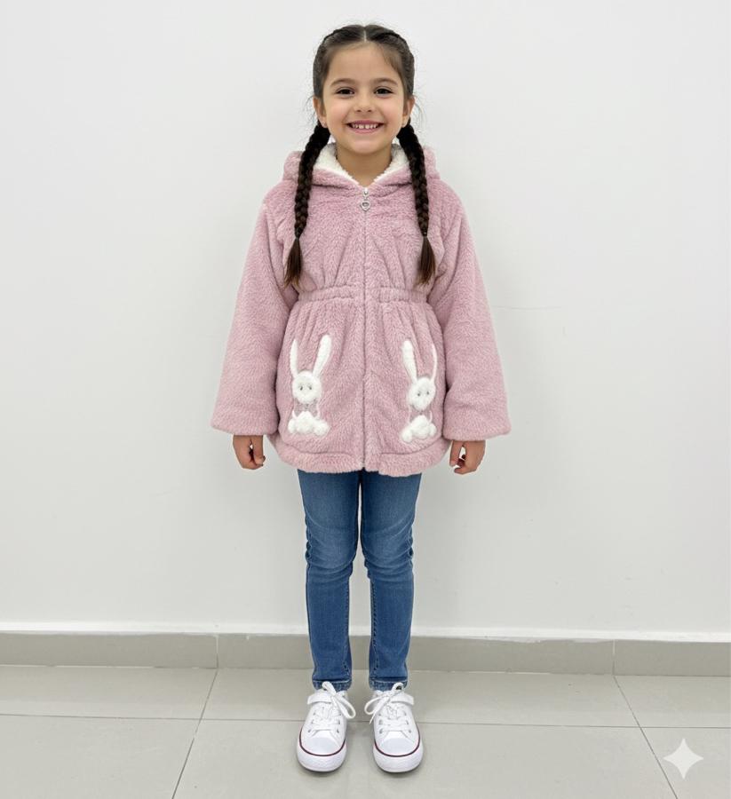 Pudra pembe tavşan baskılı peluş mont