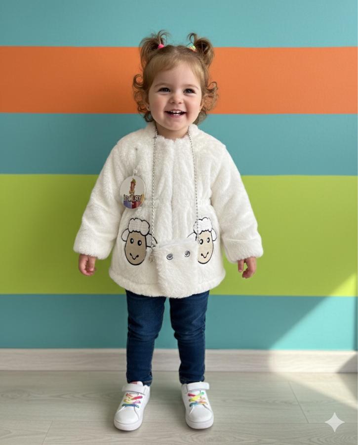 Koyun baskılı çantalı peluş mont