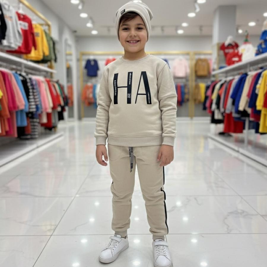 Şapka hediyeli üç ip kalın ha baskılı erkek çocuk takım