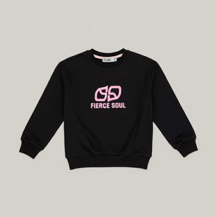 Siyah pembe baskılı kız çocuk kazak