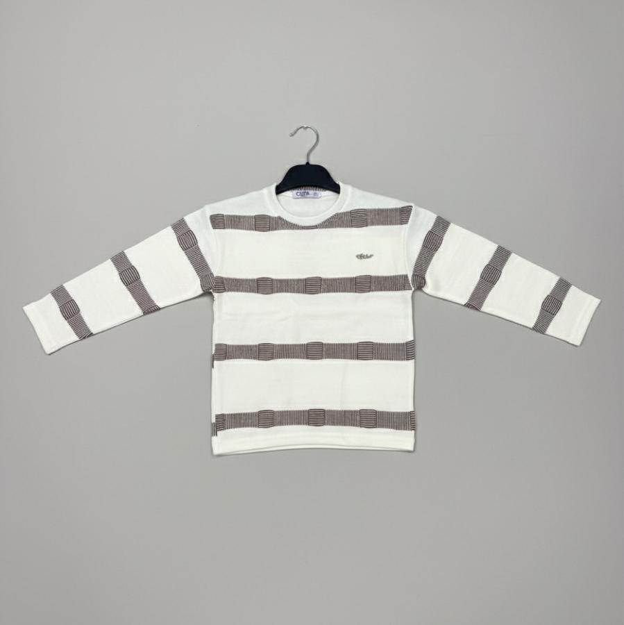 Beyaz kahverengi çizgili erkek çocuk kazak