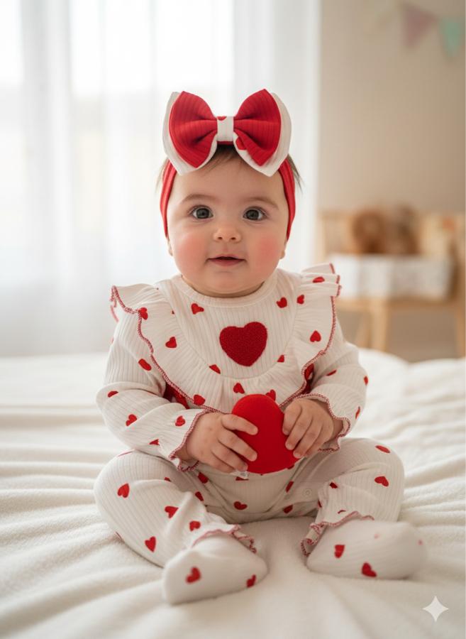 Kızmızı kalplı bandanalı tulum