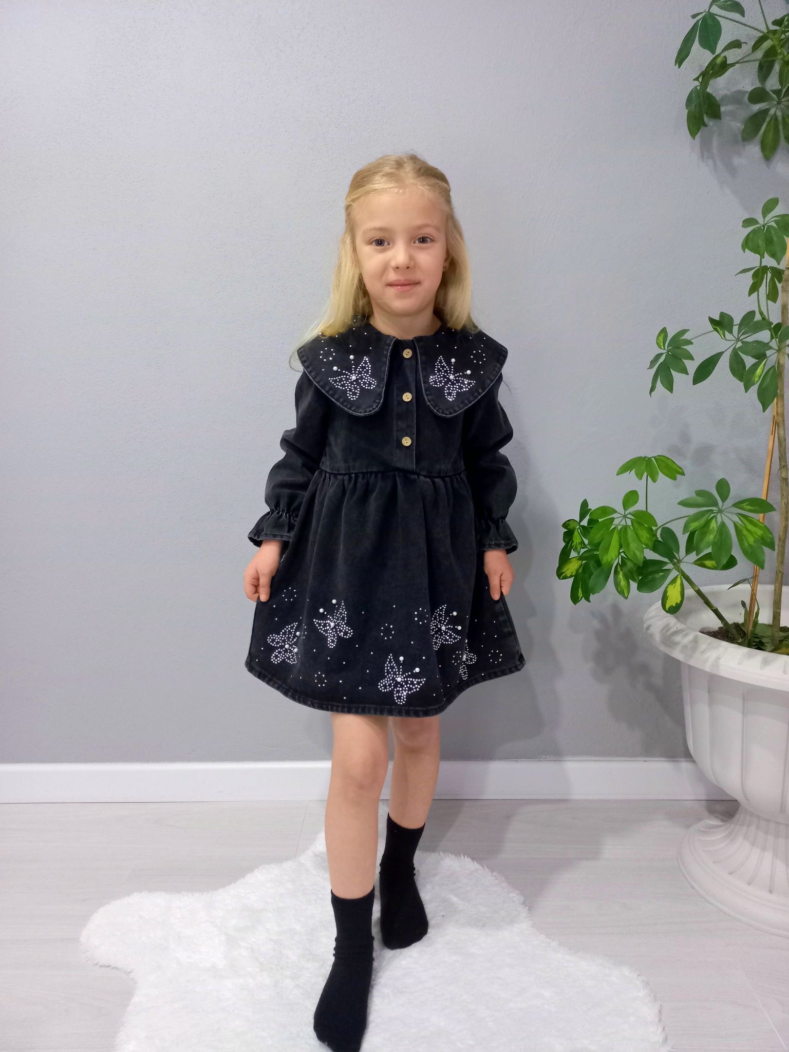 4/12 yaş taşlı kot elbise kelebek detaylı