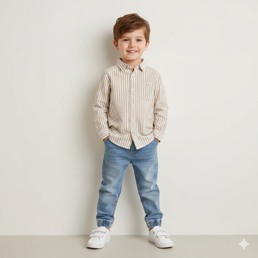 paça mahşet çizgili gömlekli kot pantolonlu takım