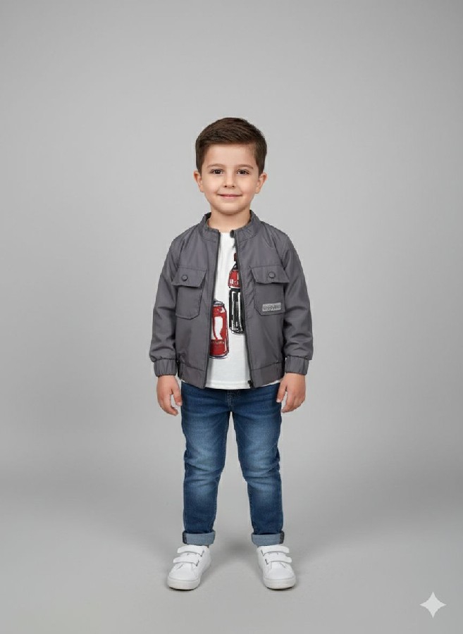 mavi kot pantolonlu gri ceketli üçlü takım