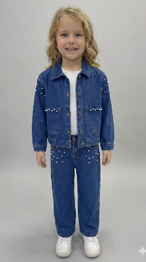 inci detaylı kot ceketli takım