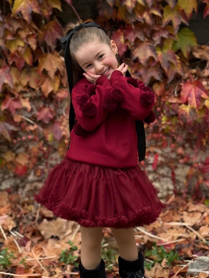 ponpon detaylı üst şardonlu tütü etekli takım