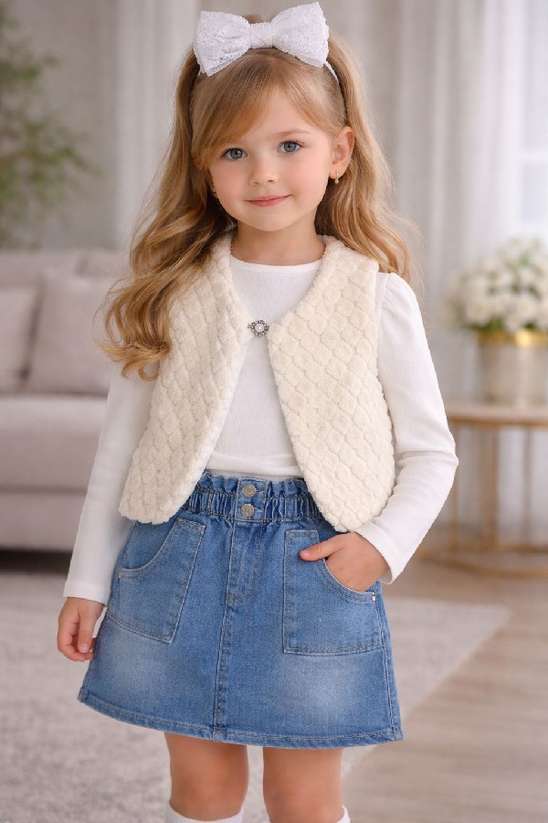 peluş ceketli kot etekli badili üçlü kız takım