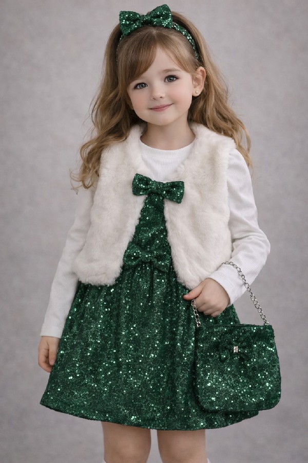 yeşil pullu etekli peluş ceketli çantalı dörtlü takım