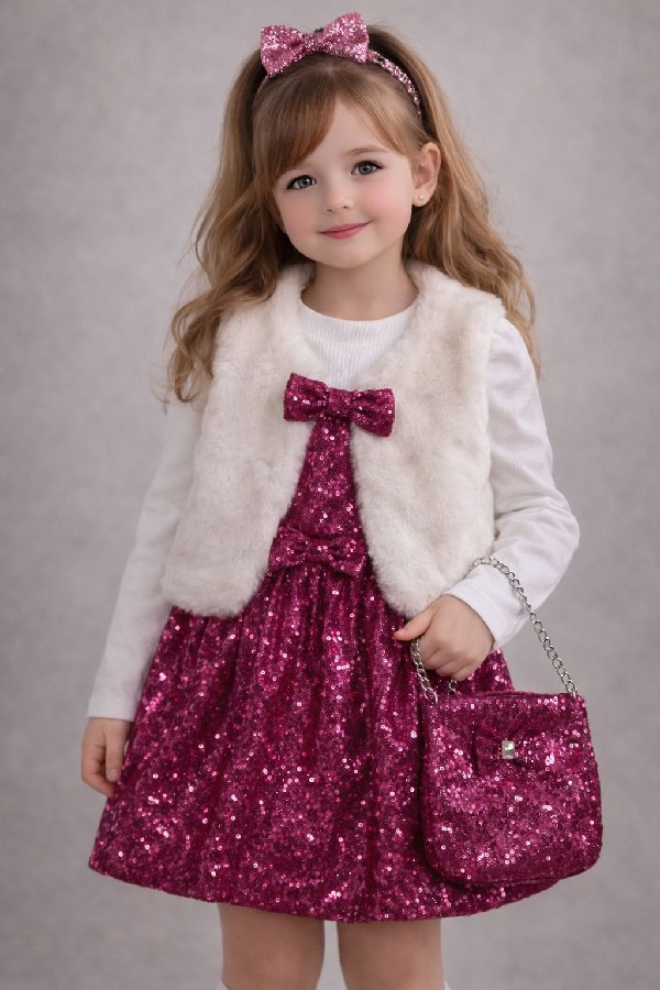 pembe pullu etekli peluş ceketli çantalı dörtlü takım