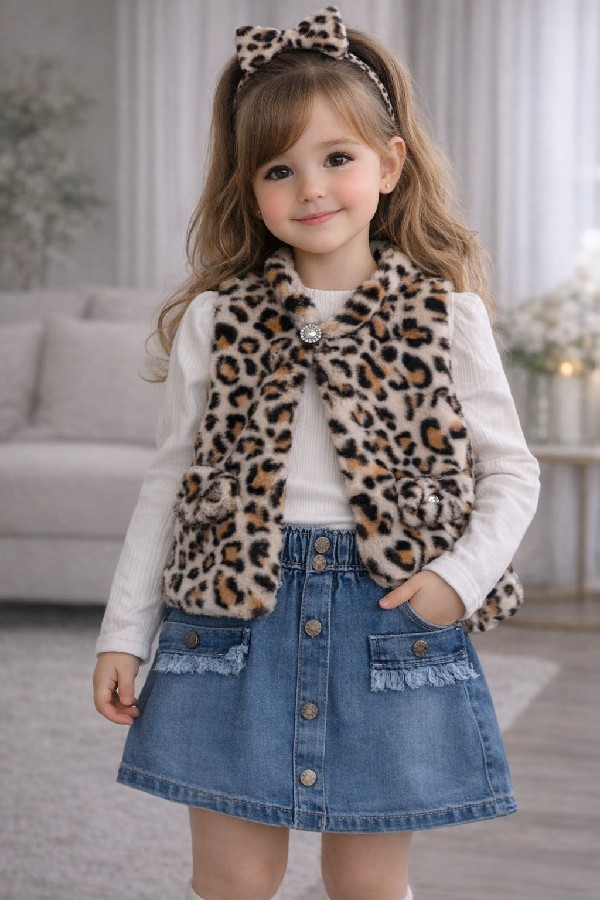 leoparlı peluş ceketli kot etekli üçlü takım