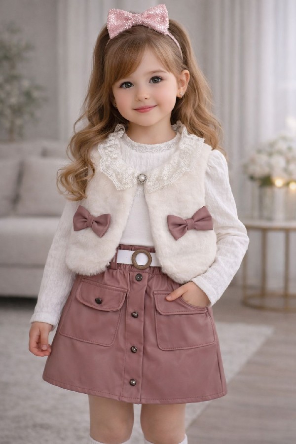 deri etekli peluş ceketli üçlü takım