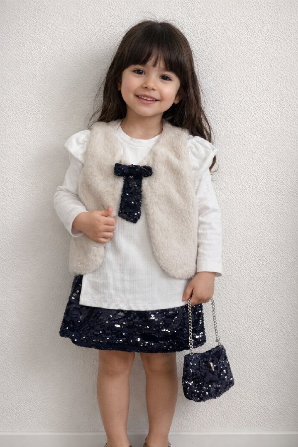 siyah pullu etekli peluş ceketli çantalı dörtlü takım