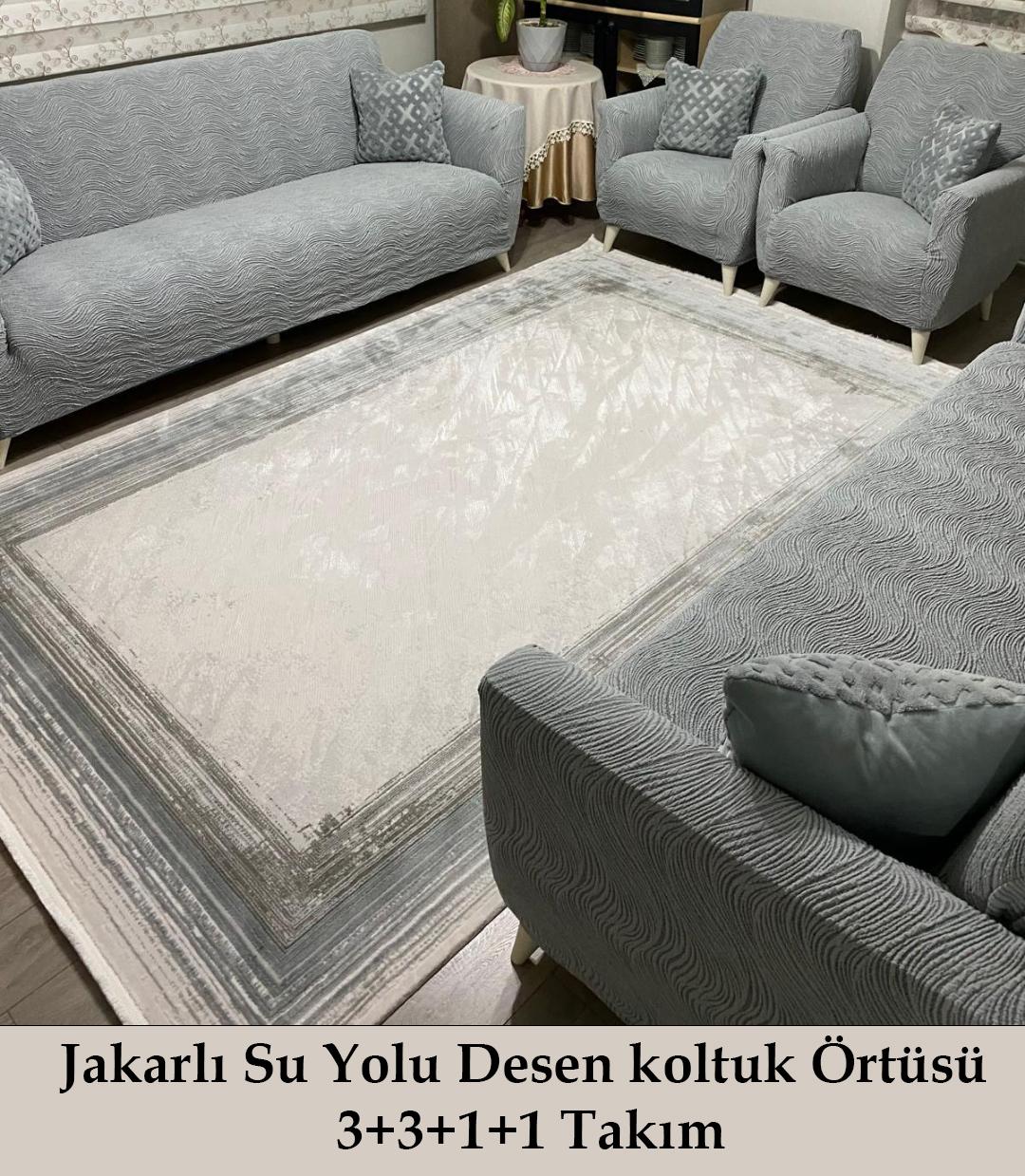 Su yolu Desenli Jakarlı Koltuk Örtüsü Lastikli Koltuk Kanepe Çekyat  3+3+1+1 Takımı