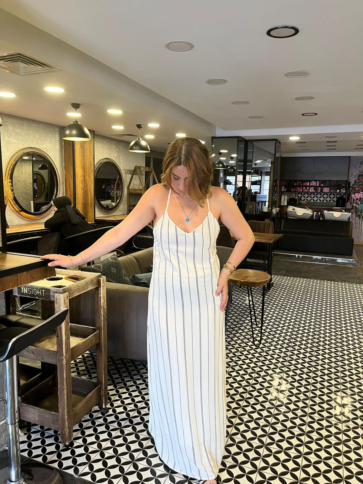 Çizgili Askılı Uzun Elbise