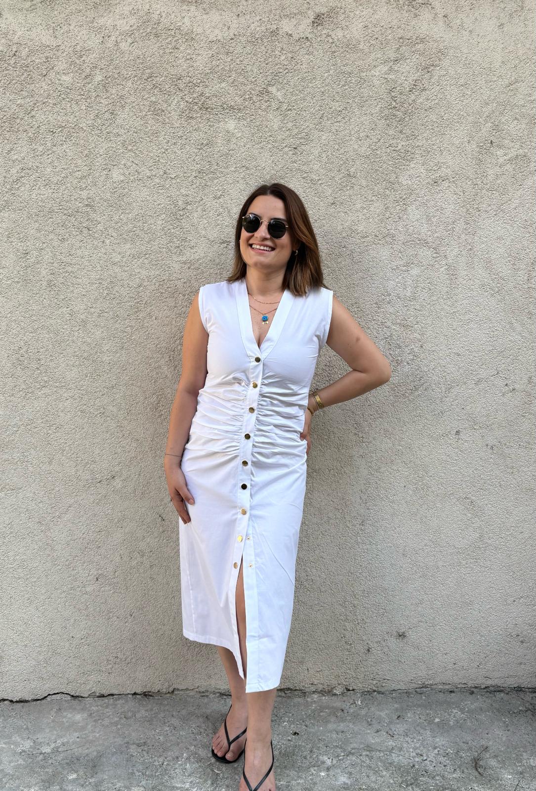 Düğmeli Büzgü Detaylı Midi Elbise